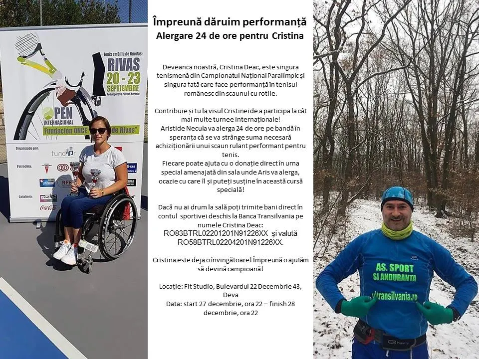 Maratonistul Aristide Necula va alerga timp de 24 de ore pentru Cristina Deac, campioana din scaunul cu rotile