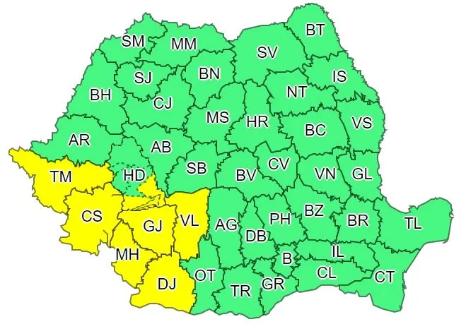 Cod galben de ploi, în sudul județului Hunedoara. Pericol de viituri pe Jiu