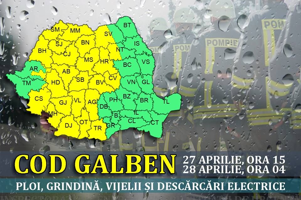 Cod galben de ploi torenţiale, în noaptea de Înviere